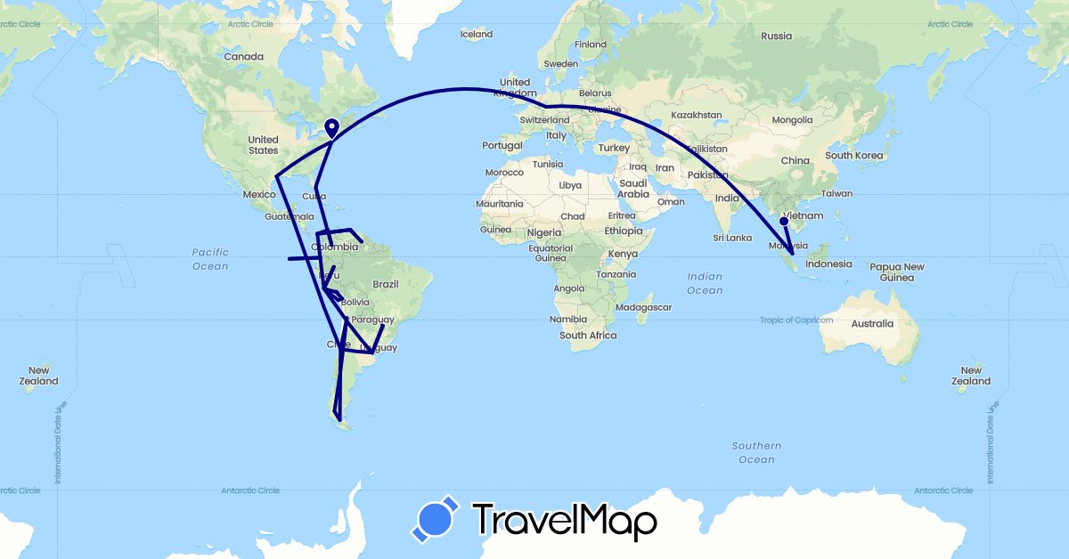 TravelMap itinerary: driving in Argentina, Brazil, Chile, Colombia, Germany, Ecuador, Panama, Peru, Paraguay, Singapore, Thailand, United States, Venezuela (Asia, Europe, North America, South America)